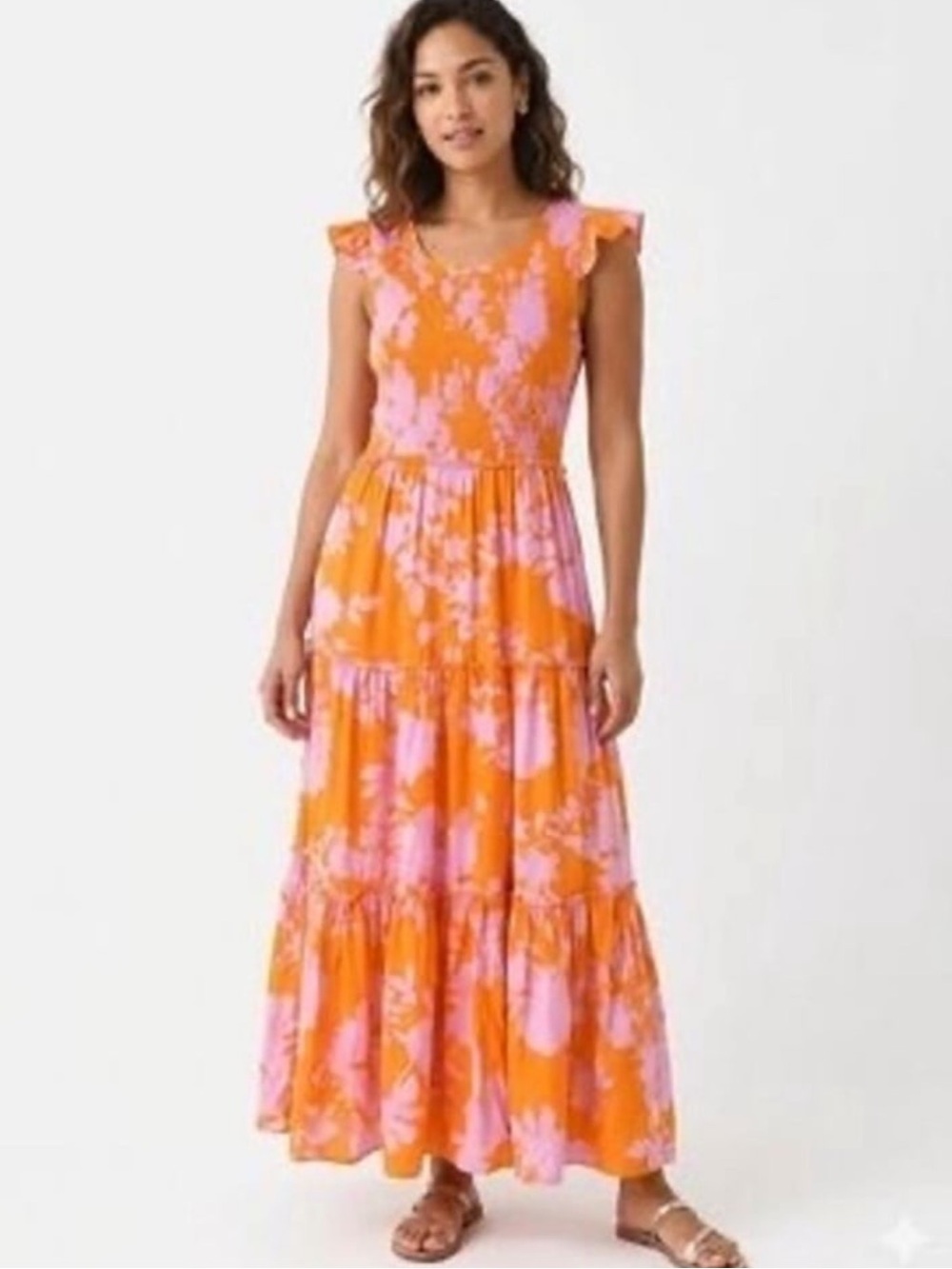 Sunlit Tiered Maxi Dress in Orange and Pink